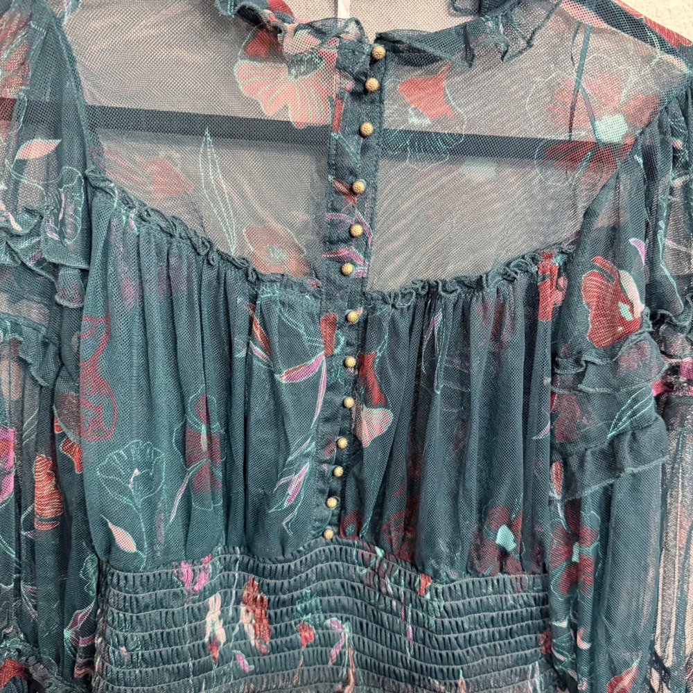 Free People Time For Shine Floral Mesh Whimsigoth Fairy Grunge Teal Green Large - Picture 11 of 11